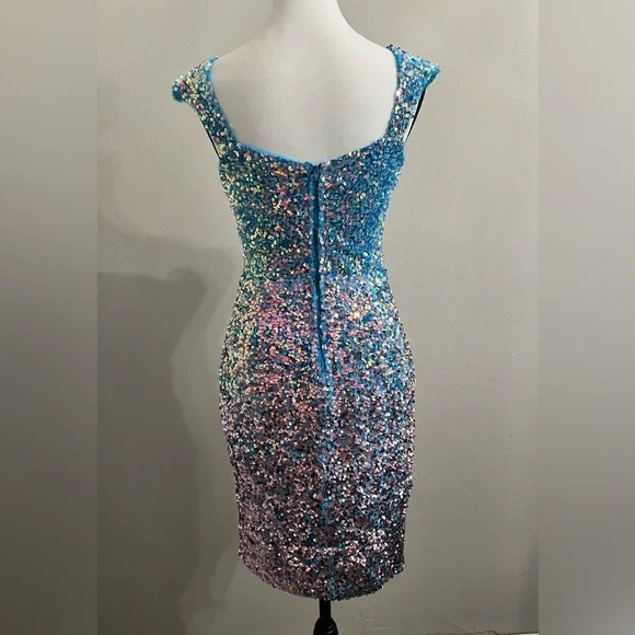 Blue V Neck Side Slit Sequin Bodycon Mini Dress - Picture 7 of 10